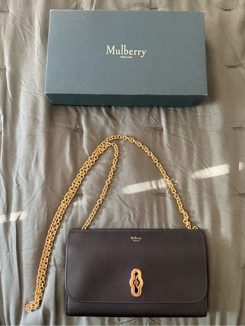 Mulberry Amberley Small Clutch Shoulder Bag on Chain Black Gold